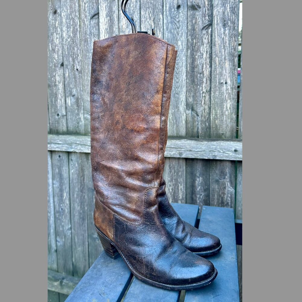 Vintage FRYE Tall Riding Boots Leather 8M distressed-brown patina western cowboy